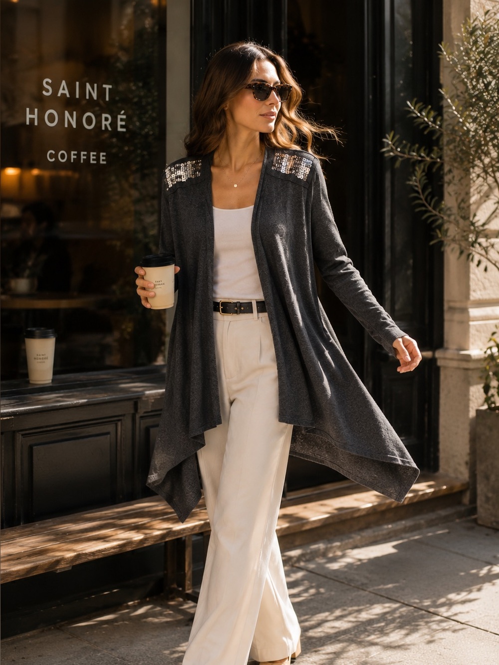 CENTRAL PARK WEST Luxe Gray Cashmere/Angora Sequin Embellished Open Cardigan, L